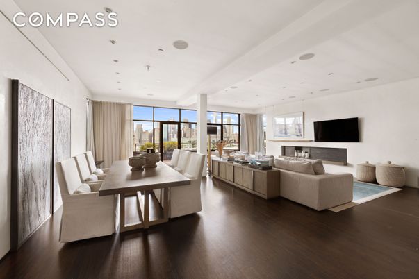 Dining room, Interior, Living room, Recessed Lighting, Wood Texture Flooring