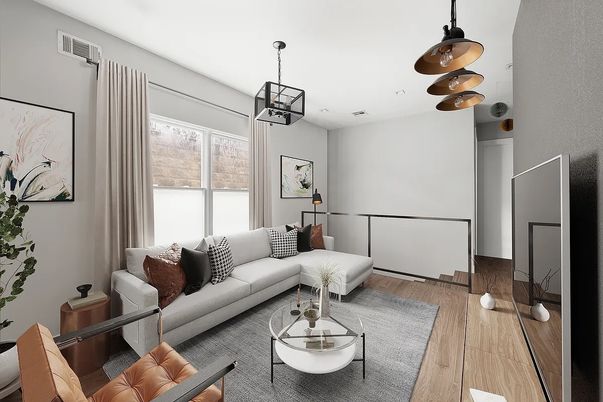 Interior, Living room, Pendant Lights, Projection Screen, Wood Texture Flooring