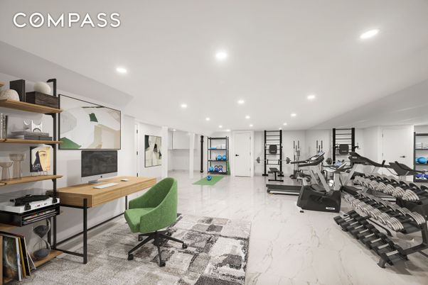 Fitness Equipment, Gym, Home Office, Interior, Marble, Recessed Lighting