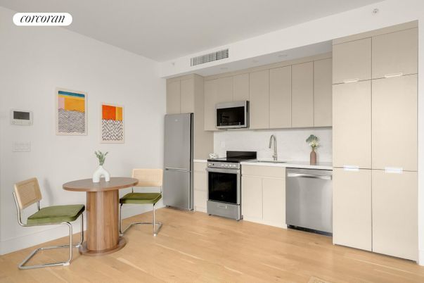 Dining room, Interior, Kitchen, Stainless Steel Appliances, Wood Texture Flooring