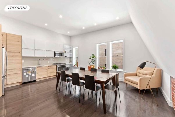 Dining room, Interior, Kitchen, Recessed Lighting, Stainless Steel Appliances, Wood Texture Flooring