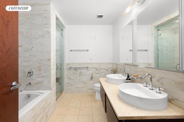 Bathroom, Dual Sink Vanities, Glass Shower, Interior, Marble Walls