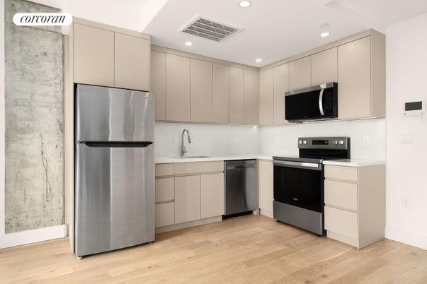 Interior, Kitchen, Recessed Lighting, Stainless Steel Appliances, Wood Texture Flooring