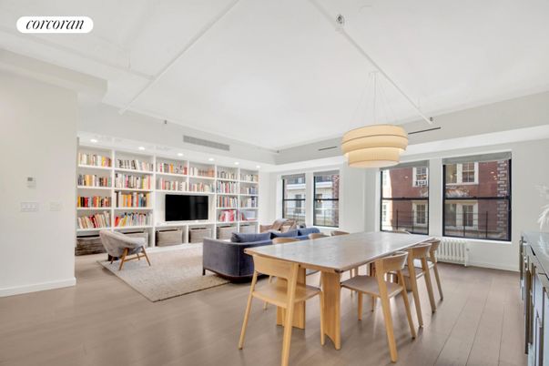 Dining room, Interior, Living room, Pendant Lights, Recessed Lighting, Wood Texture Flooring