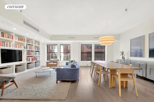 Dining room, Interior, Living room, Pendant Lights, Recessed Lighting, Wood Texture Flooring