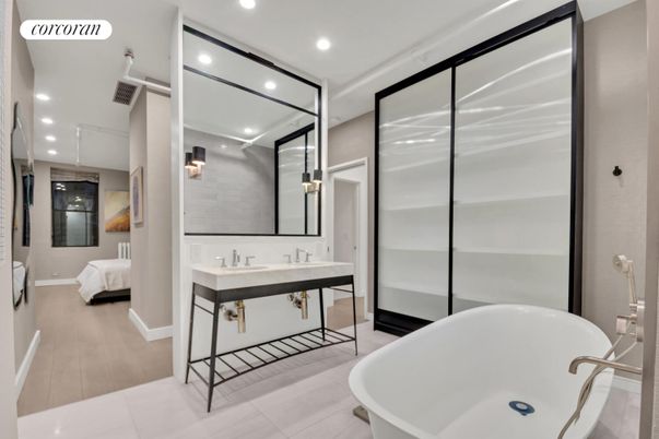 Bathroom, Dual Sink Vanities, Free Standing Baths, Interior, Recessed Lighting, Wood Texture Flooring