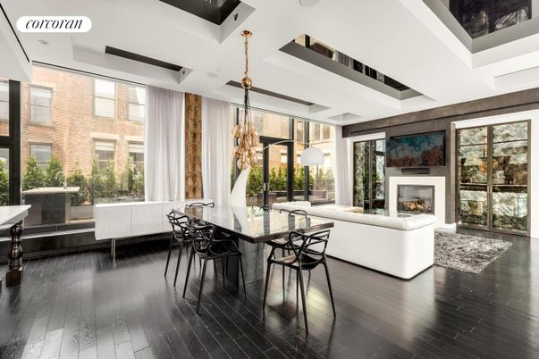 Chandelier, Fireplace, Interior, Living room, Recessed Lighting, Wood Texture Flooring