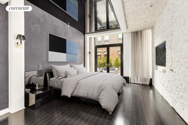 Bedroom, Interior, Recessed Lighting, Stone Walls, Wood Texture Flooring