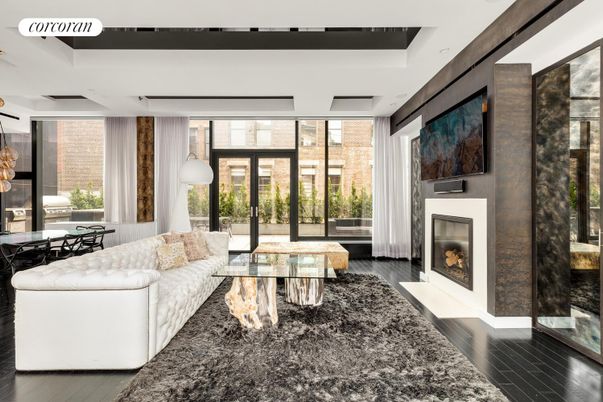 Dining room, Fireplace, Interior, Living room, Pendant Lights, Wood Texture Flooring