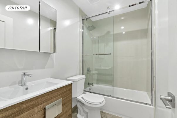 Bathroom, Glass Shower, Interior, Recessed Lighting, Wood Texture Flooring