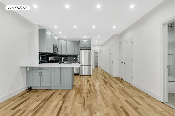 Interior, Kitchen, Recessed Lighting, Stainless Steel Appliances, Wood Texture Flooring
