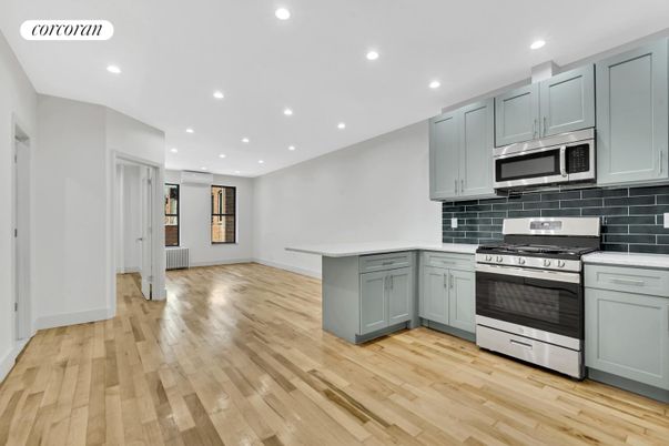 Interior, Kitchen, Recessed Lighting, Stainless Steel Appliances, Wood Texture Flooring