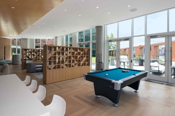 Billiard Table, Game Room, Interior, Recessed Lighting, Wood Texture Flooring