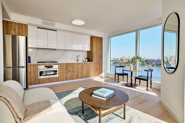 Interior, Kitchen, Living room, Recessed Lighting, Stainless Steel Appliances, Water, Wood Texture Flooring