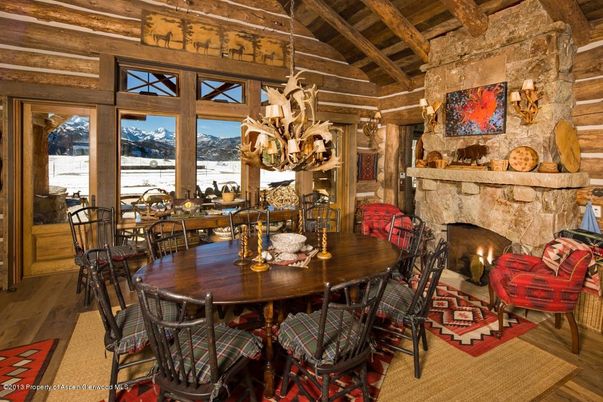 Chandelier, Dining room, Fireplace, Interior, Stone Walls, Wooden Beams, Wooden Ceilings, Wood Texture Flooring, Wooden Walls