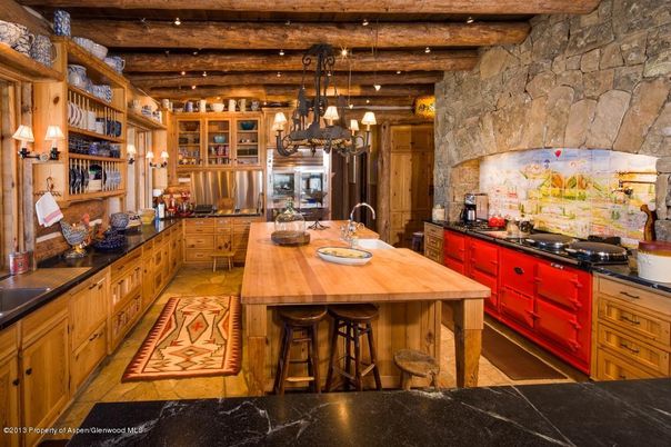 Interior, Kitchen, Pendant Lights, Stainless Steel Appliances, Stone Walls, Wooden Beams