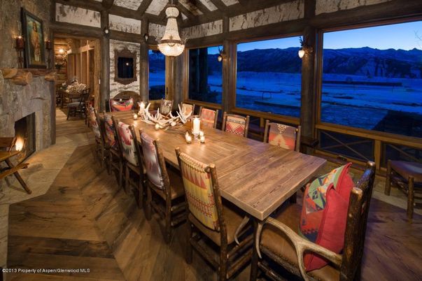 Dining room, Fireplace, Interior, Pendant Lights, Wood Texture Flooring