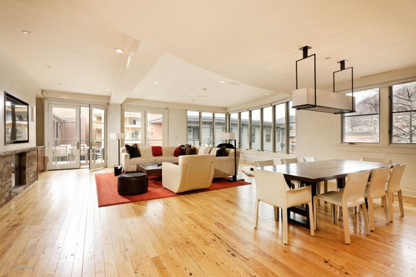 Dining room, Fireplace, Interior, Living room, Pendant Lights, Recessed Lighting, Wood Texture Flooring