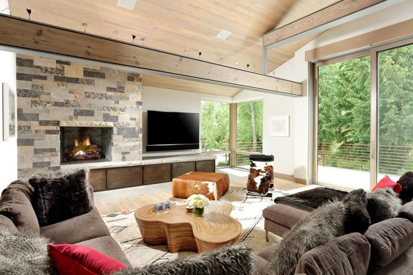 Fireplace, Interior, Living room, Stone Walls, Wooden Ceilings, Wood Texture Flooring