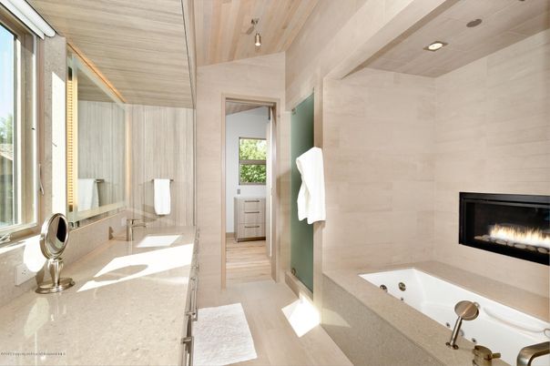 Bathroom, Fireplace, Interior, Recessed Lighting, Wooden Ceilings, Wood Texture Flooring