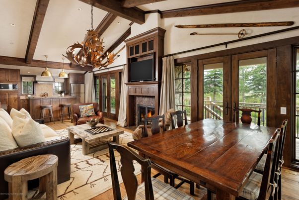 Chandelier, Dining room, Fireplace, Interior, Kitchen, Living room, Recessed Lighting, Wooden Beams, Wood Texture Flooring
