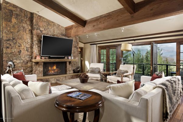 Fireplace, Interior, Living room, Stone Walls, Wooden Beams, Wood Texture Flooring