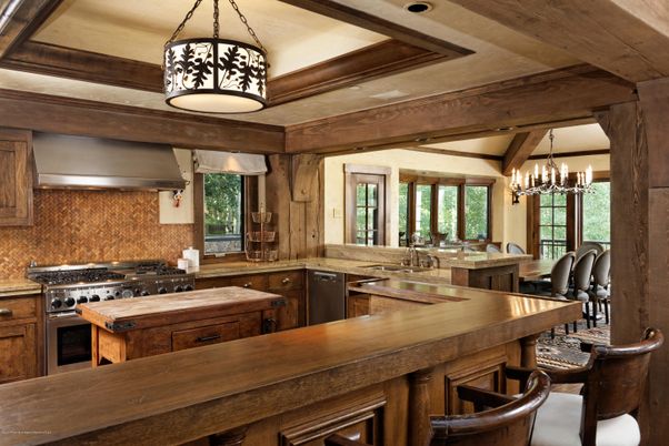 Chandelier, Interior, Kitchen, Stainless Steel Appliances, Wooden Beams