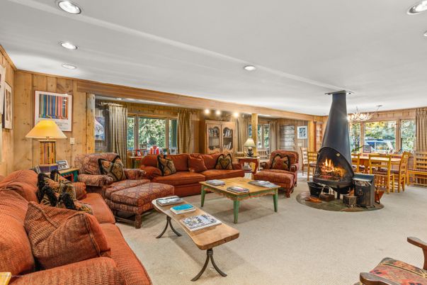 Dining room, Fireplace, Interior, Living room, Recessed Lighting, Wooden Walls