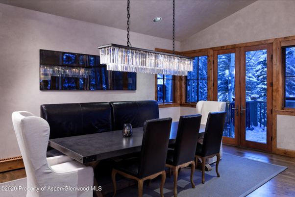 Chandelier, Dining room, Interior, Recessed Lighting, Wood Texture Flooring