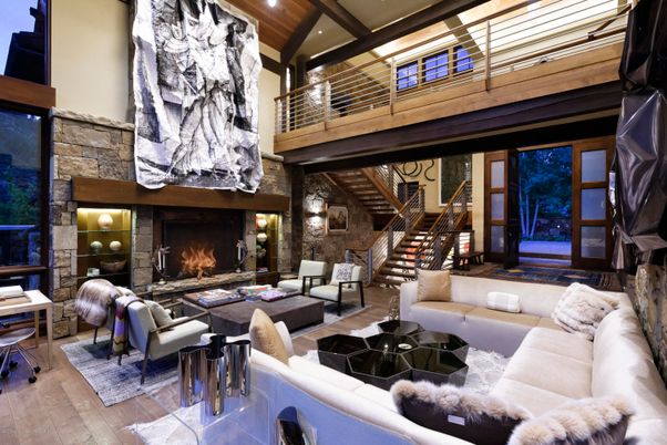 Fireplace, Interior, Living room, Piano, Recessed Lighting, Stone Walls, Wooden Beams, Wooden Ceilings, Wood Texture Flooring