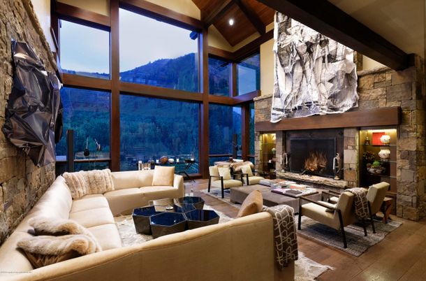 Fireplace, Interior, Living room, Recessed Lighting, Stone Walls, Wooden Beams, Wooden Ceilings, Wood Texture Flooring