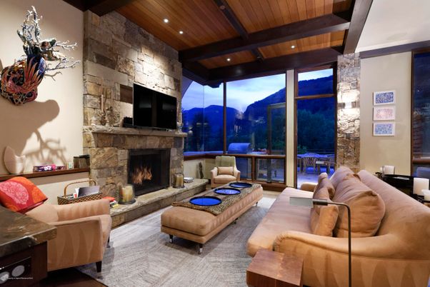 Fireplace, Interior, Living room, Recessed Lighting, Stone Walls, Wooden Beams, Wooden Ceilings
