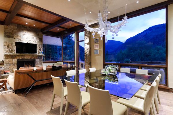Dining room, Fireplace, Interior, Living room, Pendant Lights, Recessed Lighting, Stone Walls, Wooden Beams, Wooden Ceilings, Wood Texture Flooring