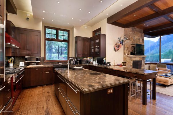 Interior, Kitchen, Recessed Lighting, Stainless Steel Appliances, Wooden Beams, Wooden Ceilings, Wood Texture Flooring