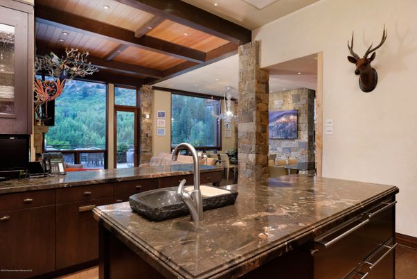 Interior, Kitchen, Pendant Lights, Recessed Lighting, Stone Walls, Wooden Beams, Wooden Ceilings