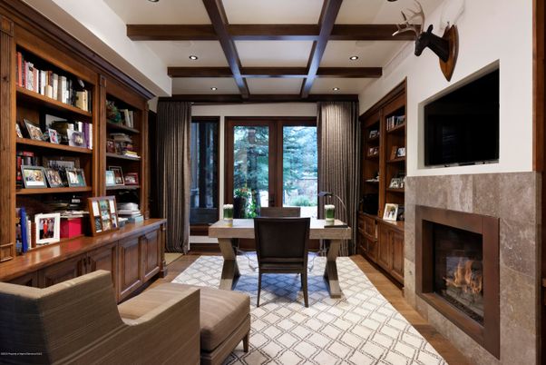Fireplace, Home Office, Interior, Recessed Lighting, Wooden Beams, Wood Texture Flooring
