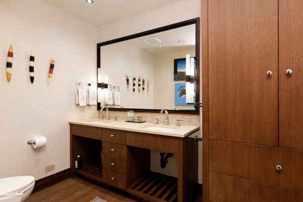 Bathroom, Dual Sink Vanities, Interior, Recessed Lighting, Wood Texture Flooring