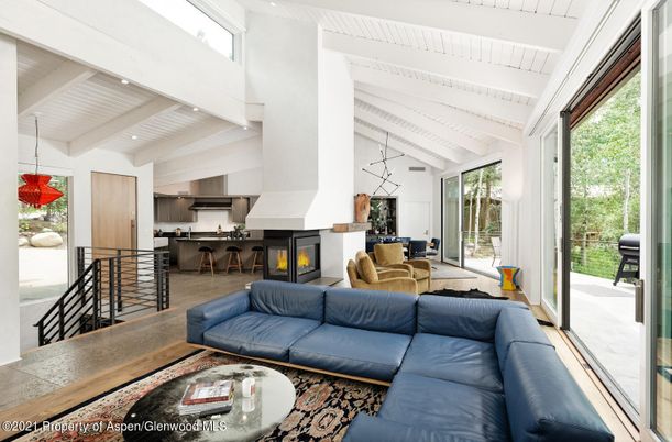 Dining room, Fireplace, Interior, Kitchen, Living room, Pendant Lights, Stainless Steel Appliances