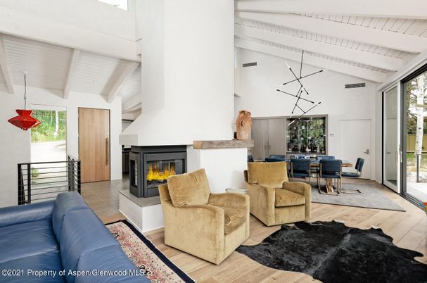 Dining room, Fireplace, Interior, Living room, Pendant Lights, Wood Texture Flooring