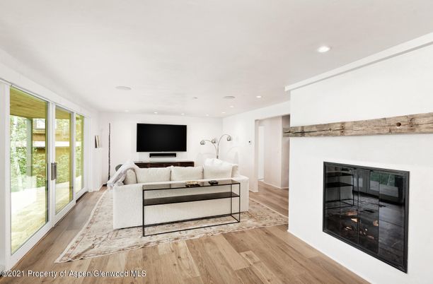 Fireplace, Interior, Living room, Recessed Lighting, Wood Texture Flooring