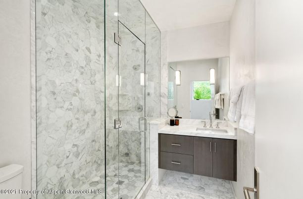 Bathroom, Glass Shower, Interior, Marble, Marble Walls, Recessed Lighting