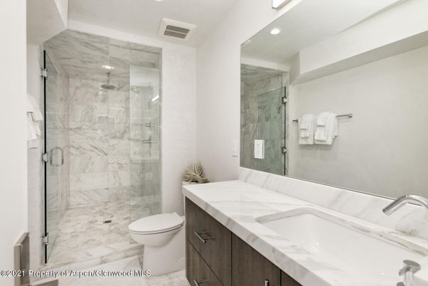 Bathroom, Glass Shower, Interior, Marble, Marble Walls, Recessed Lighting