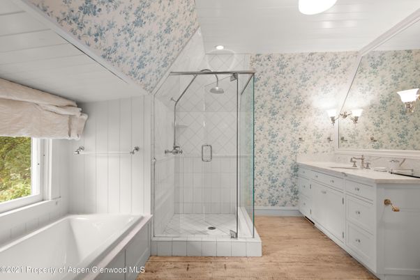 Bathroom, Dual Sink Vanities, Glass Shower, Interior, Wood Texture Flooring