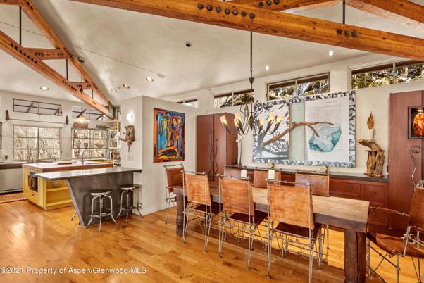 Dining room, Interior, Kitchen, Pendant Lights, Recessed Lighting, Wooden Beams, Wood Texture Flooring
