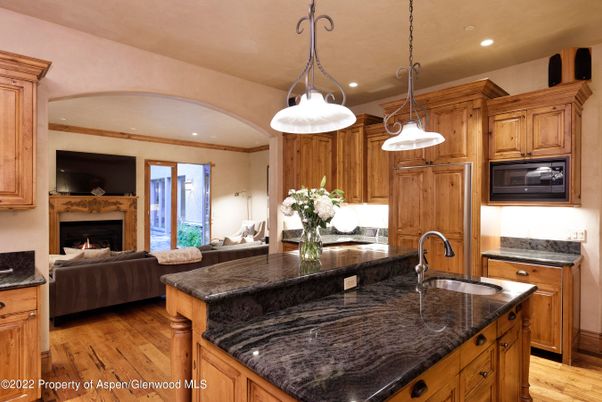 Fireplace, Interior, Kitchen, Living room, Pendant Lights, Recessed Lighting, Wood Texture Flooring