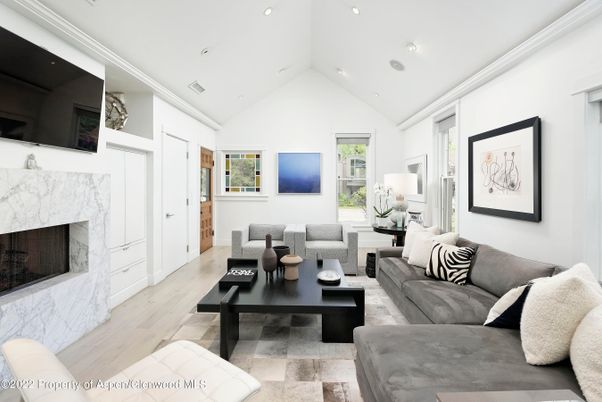 Fireplace, Interior, Living room, Recessed Lighting, Wood Texture Flooring