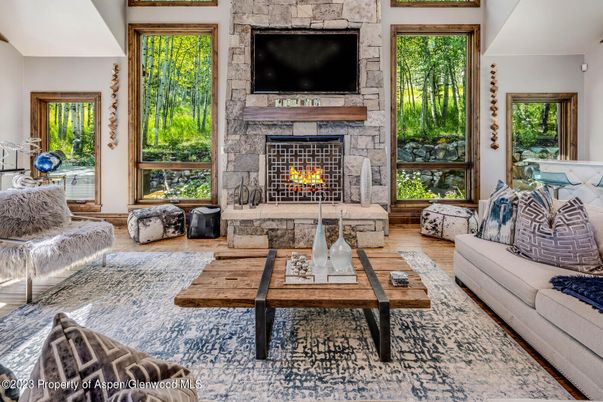 Fireplace, Interior, Living room, Stone Walls, Wood Texture Flooring