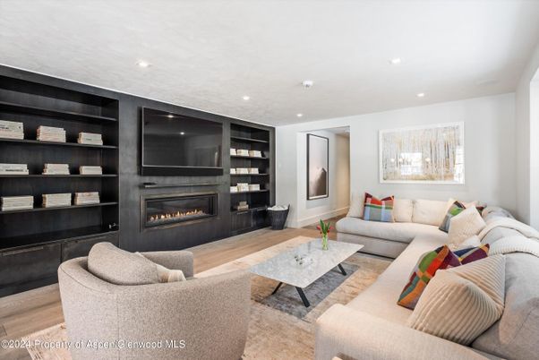 Fireplace, Interior, Living room, Recessed Lighting, Wood Texture Flooring