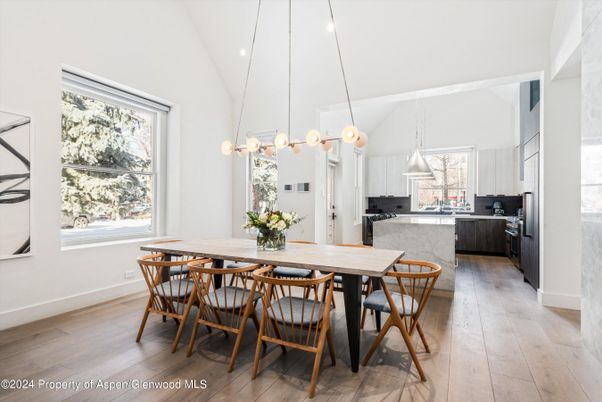 Dining room, Interior, Kitchen, Pendant Lights, Recessed Lighting, Wood Texture Flooring