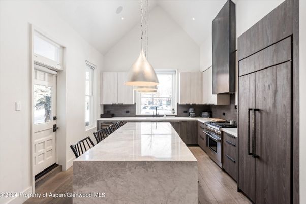 Interior, Kitchen, Pendant Lights, Recessed Lighting, Stainless Steel Appliances, Wood Texture Flooring